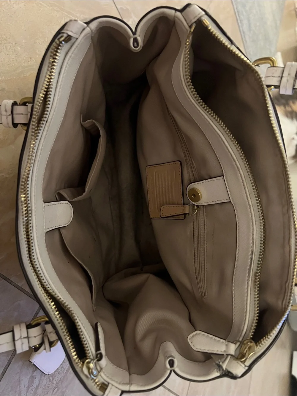 Coach Cream Leather Double-Zip Shoulder Tote